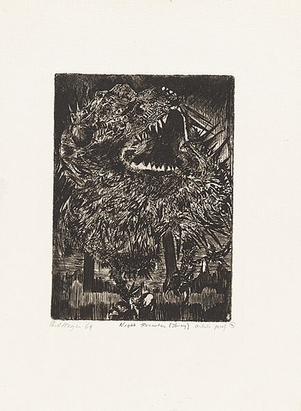 Artist: b'MEYER, Bill' | Title: b'Night prowler (thing).' | Date: 1969 | Technique: b'etching, printed in black ink, from one copper plate' | Copyright: b'\xc2\xa9 Bill Meyer' Artist: b'MEYER, Bill' | Title: b'Night prowler (thing).' | Date: 1969 | Technique: b'etching, printed in black ink, from one copper plate' | Copyright: b'\xc2\xa9 Bill Meyer'