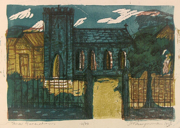 Artist: b'ROSENGRAVE, Harry' | Title: b'Three generations' | Date: 1956 | Technique: b'linocut, printed in colour, from four blocks and overprinted in lithography with black ink from one plate' Artist: b'ROSENGRAVE, Harry' | Title: b'Three generations' | Date: 1956 | Technique: b'linocut, printed in colour, from four blocks and overprinted in lithography with black ink from one plate'