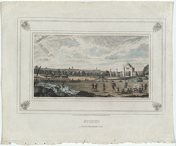 Artist: b'Carmichael, John.' | Title: b'Sydney from the Parramatta Road.' | Date: 1829 | Technique: b'engraving, printed in black ink, from one copper plate; hand-coloured at a later date' Artist: b'Carmichael, John.' | Title: b'Sydney from the Parramatta Road.' | Date: 1829 | Technique: b'engraving, printed in black ink, from one copper plate; hand-coloured at a later date'