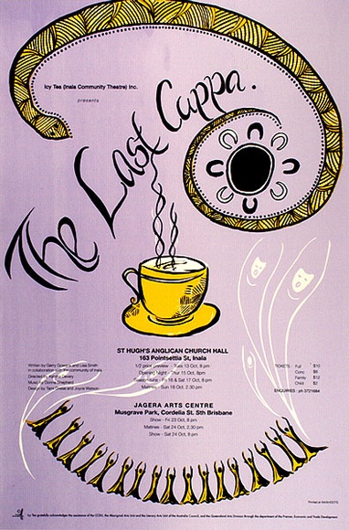 Artist: b'Watson, Joyce' | Title: b'The last cuppa.' | Date: 1992, September | Technique: b'screenprint, printed in purple, yellow and black ink, from three stencils' Artist: b'Watson, Joyce' | Title: b'The last cuppa.' | Date: 1992, September | Technique: b'screenprint, printed in purple, yellow and black ink, from three stencils'