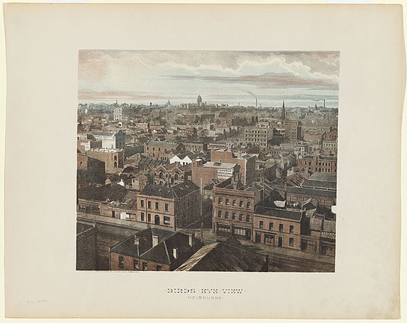 Artist: b'Phillip-Stephan Photo-Litho. and Typographic Process Co. Ltd.' | Title: b'Birds eye view, Melbourne.' | Date: 1888 | Technique: b'photo-lithograph, printed in colour, from multiple stones' Artist: b'Phillip-Stephan Photo-Litho. and Typographic Process Co. Ltd.' | Title: b'Birds eye view, Melbourne.' | Date: 1888 | Technique: b'photo-lithograph, printed in colour, from multiple stones'