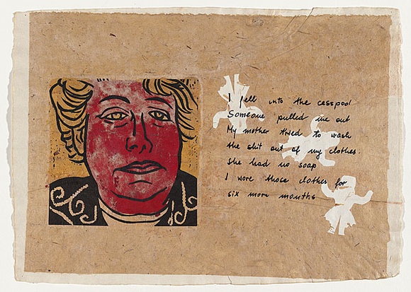 Artist: b'KOGAN, Danial' | Title: b'Childproof [page 26]' | Date: 1993 | Technique: b'linocut, printed in red and black ink, from two blocks; additional handcolouring and collage' | Copyright: b'\xc2\xa9 Danial Lalor Kogan'