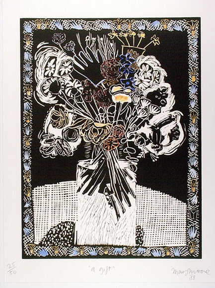 Artist: b'Moore, Mary.' | Title: b'A gift' | Date: 1988 | Technique: b'linocut printed in black ink, from one block hand-coloured' | Copyright: b'\xc2\xa9 Mary Moore' Artist: b'Moore, Mary.' | Title: b'A gift' | Date: 1988 | Technique: b'linocut printed in black ink, from one block hand-coloured' | Copyright: b'\xc2\xa9 Mary Moore'
