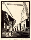 Artist: Kohlhagen, Lisette. | Title: Suburban station. | Date: c.1952 | Technique: wood-engraving, printed in black ink, from one block | Copyright: © Lisette Kohlhagen. Licensed by VISCOPY, Australia