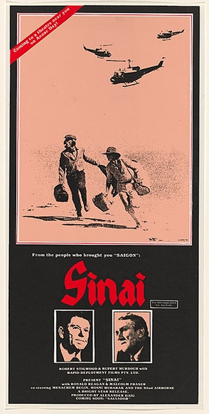 Artist: b'Lane, Leonie.' | Title: bFrom the people who brought you 'Saigon' Sinai. | Date: 1982 | Technique: b'screenprint, printed in colour, from three stencils' | Copyright: b'\xc2\xa9 Leonie Lane' Artist: b'Lane, Leonie.' | Title: bFrom the people who brought you 'Saigon' Sinai. | Date: 1982 | Technique: b'screenprint, printed in colour, from three stencils' | Copyright: b'\xc2\xa9 Leonie Lane'