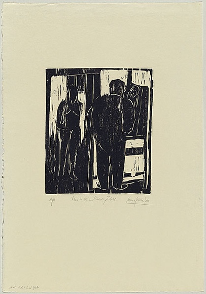 Artist: b'WALKER, Murray' | Title: b'Fred Williams sketching Lilith.' | Date: 1966 | Technique: b'woodcut, printed in black ink, from one block' Artist: b'WALKER, Murray' | Title: b'Fred Williams sketching Lilith.' | Date: 1966 | Technique: b'woodcut, printed in black ink, from one block'