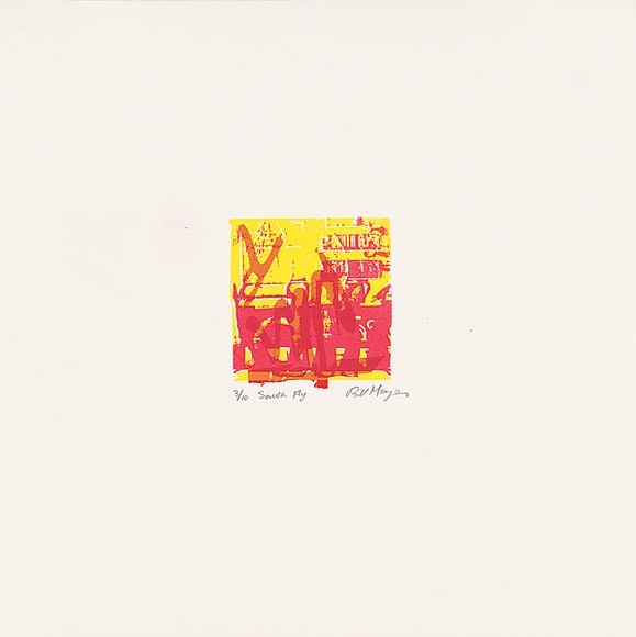 Artist: b'MEYER, Bill' | Title: b'South fly' | Date: 1987 | Technique: b'screenprint, printed in five colours, from three stencils' | Copyright: b'\xc2\xa9 Bill Meyer' Artist: b'MEYER, Bill' | Title: b'South fly' | Date: 1987 | Technique: b'screenprint, printed in five colours, from three stencils' | Copyright: b'\xc2\xa9 Bill Meyer'