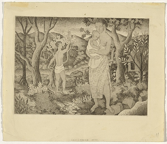 Artist: b'Crooke, Ray.' | Title: b'Native design, no.1.' | Date: 1948 | Technique: b'etching, printed in black ink, from one plate' Artist: b'Crooke, Ray.' | Title: b'Native design, no.1.' | Date: 1948 | Technique: b'etching, printed in black ink, from one plate'