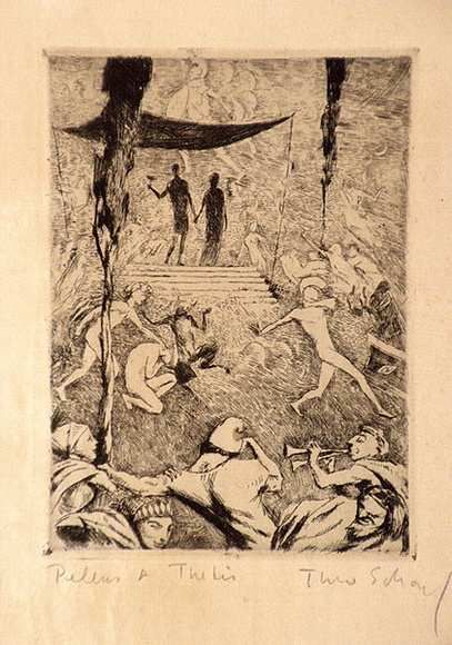 Artist: b'Scharf, Theo.' | Title: b'Peleus and Thetis' | Date: c.1930 | Technique: b'etching, printed in black ink, from one plate' | Copyright: b'\xc2\xa9 The Estate of Theo Scharf.' Artist: b'Scharf, Theo.' | Title: b'Peleus and Thetis' | Date: c.1930 | Technique: b'etching, printed in black ink, from one plate' | Copyright: b'\xc2\xa9 The Estate of Theo Scharf.'