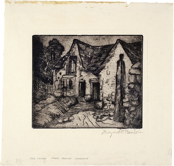 Artist: b'PRESTON, Margaret' | Title: b'Old house.' | Date: 1916 | Technique: b'etching, printed in warm black ink with plate-tone, from one plate' | Copyright: b'\xc2\xa9 Margaret Preston. Licensed by VISCOPY, Australia' Artist: b'PRESTON, Margaret' | Title: b'Old house.' | Date: 1916 | Technique: b'etching, printed in warm black ink with plate-tone, from one plate' | Copyright: b'\xc2\xa9 Margaret Preston. Licensed by VISCOPY, Australia'