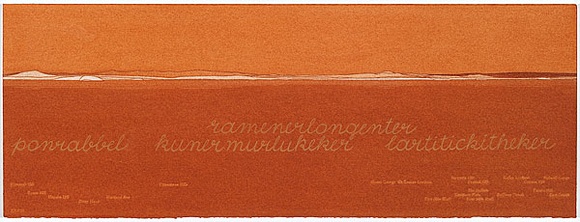 Artist: b'MADDOCK, Bea' | Title: b'Terra Spiritus...with a darker shade of pale' | Date: 1993-98 | Technique: b'stencil print, printed in hand-ground Launceston ochre from multiple hand-cut mylar stencils; letterpress text blind printed; hand-drawn script' Artist: b'MADDOCK, Bea' | Title: b'Terra Spiritus...with a darker shade of pale' | Date: 1993-98 | Technique: b'stencil print, printed in hand-ground Launceston ochre from multiple hand-cut mylar stencils; letterpress text blind printed; hand-drawn script'