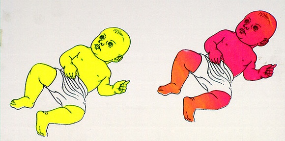 Artist: b'MERD INTERNATIONAL' | Title: b'Poster: (Two babies - pink and yellow)' | Date: 1984 | Technique: b'screenprint' Artist: b'MERD INTERNATIONAL' | Title: b'Poster: (Two babies - pink and yellow)' | Date: 1984 | Technique: b'screenprint'