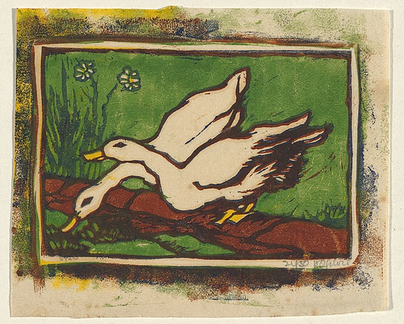 Artist: b'OGILVIE, Helen' | Title: b'Ducks' | Date: c.1938 | Technique: b'linocut, printed in black ink, from one block; hand-coloured' Artist: b'OGILVIE, Helen' | Title: b'Ducks' | Date: c.1938 | Technique: b'linocut, printed in black ink, from one block; hand-coloured'