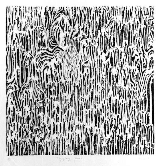 Artist: b'Shearer, Mitzi.' | Title: b'Symphony in wood' | Date: 1981 | Technique: b'woodcut, printed in black ink, from one block, hand touched with crayon' Artist: b'Shearer, Mitzi.' | Title: b'Symphony in wood' | Date: 1981 | Technique: b'woodcut, printed in black ink, from one block, hand touched with crayon'