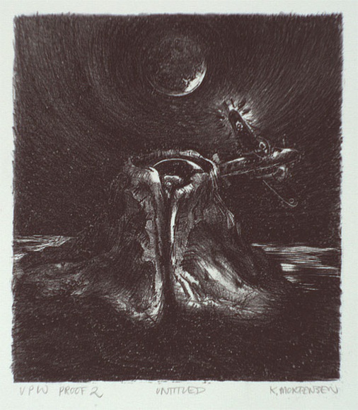 Artist: b'Mortensen, Kevin.' | Title: b'not titled (moon and plane)' | Date: 1986, July | Technique: b'lithograph, printed in black ink, from one stone' | Copyright: b'This work appears on screen courtesy of the artist' Artist: b'Mortensen, Kevin.' | Title: b'not titled (moon and plane)' | Date: 1986, July | Technique: b'lithograph, printed in black ink, from one stone' | Copyright: b'This work appears on screen courtesy of the artist'