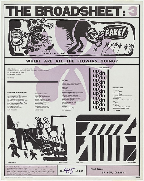 Artist: b'Petty, Bruce.' | Title: b'The Broadsheet 3: Where are all the flowers going - 3 individual prints by 3 artists on one sheet.' | Date: 1968 | Technique: b'relief, printed in colour, from two blocks' | Copyright: b'The Alan Oldfield Bequest'