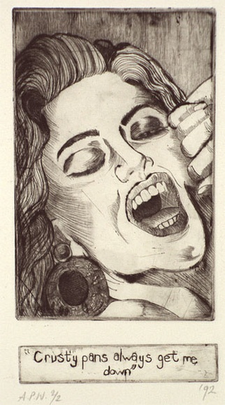Artist: b'McKeever, Johanne.' | Title: b'Crusty pans always get me down' | Date: 1992, July | Technique: b'etching, printed in black ink, from two plates' Artist: b'McKeever, Johanne.' | Title: b'Crusty pans always get me down' | Date: 1992, July | Technique: b'etching, printed in black ink, from two plates'
