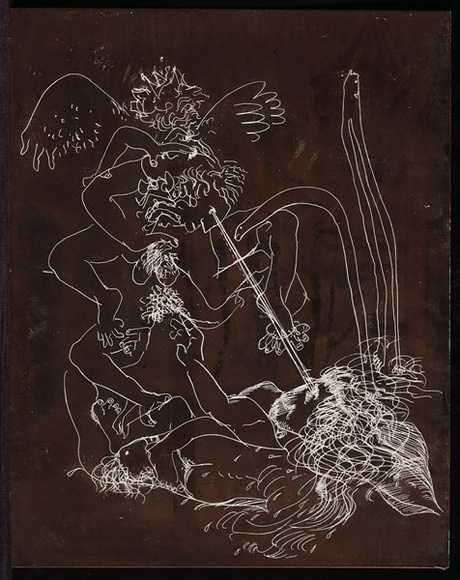 Artist: b'BOYD, Arthur' | Title: b'Plate 24: Jonah page 84.' | Date: 1972-73 | Technique: b'etched plate' | Copyright: b'This work appears on screen courtesy of Bundanon Trust' Artist: b'BOYD, Arthur' | Title: b'Plate 24: Jonah page 84.' | Date: 1972-73 | Technique: b'etched plate' | Copyright: b'This work appears on screen courtesy of Bundanon Trust'