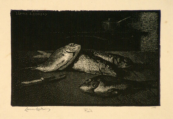 Artist: b'LINDSAY, Lionel' | Title: b'Fish' | Date: 1924 | Technique: b'wood-engraving, printed in black ink, from one block' | Copyright: b'Courtesy of the National Library of Australia' Artist: b'LINDSAY, Lionel' | Title: b'Fish' | Date: 1924 | Technique: b'wood-engraving, printed in black ink, from one block' | Copyright: b'Courtesy of the National Library of Australia'