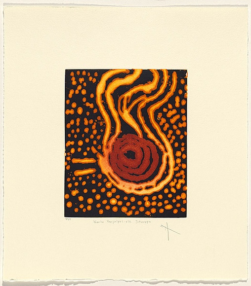 Artist: b'Japaljarri Sims, Paddy' | Title: b'warlu yanjirlpiri-rla jukurrpa' | Date: 2003 | Technique: b'etching, printed in colour, from one zinc plate' Artist: b'Japaljarri Sims, Paddy' | Title: b'warlu yanjirlpiri-rla jukurrpa' | Date: 2003 | Technique: b'etching, printed in colour, from one zinc plate'