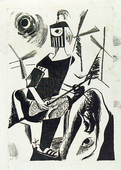 Artist: b'French, Len.' | Title: b'(Don Quixote).' | Date: (1955) | Technique: b'lithograph, printed in black ink, from one plate' | Copyright: b'\xc2\xa9 Leonard French. Licensed by VISCOPY, Australia' Artist: b'French, Len.' | Title: b'(Don Quixote).' | Date: (1955) | Technique: b'lithograph, printed in black ink, from one plate' | Copyright: b'\xc2\xa9 Leonard French. Licensed by VISCOPY, Australia'