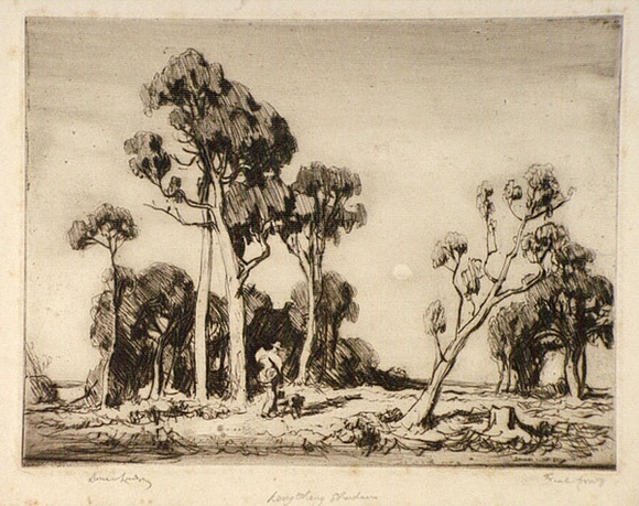 Artist: b'LINDSAY, Lionel' | Title: b'Lengthening shadows' | Date: 1944 | Technique: b'drypoint, printed in brown ink with plate-tone and wiped hightlights, from one plate' | Copyright: b'Courtesy of the National Library of Australia' Artist: b'LINDSAY, Lionel' | Title: b'Lengthening shadows' | Date: 1944 | Technique: b'drypoint, printed in brown ink with plate-tone and wiped hightlights, from one plate' | Copyright: b'Courtesy of the National Library of Australia'