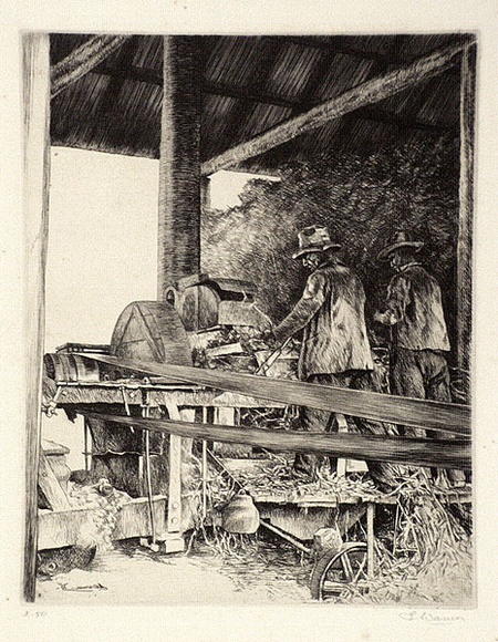 Artist: b'Warner, Alfred Edward.' | Title: b'Chopping lucerne' | Date: 1935 | Technique: b'etching, printed in black ink, with plate-tone, from one plate' Artist: b'Warner, Alfred Edward.' | Title: b'Chopping lucerne' | Date: 1935 | Technique: b'etching, printed in black ink, with plate-tone, from one plate'