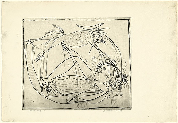 Artist: b'BOYD, Arthur' | Title: b'Nude unveiled by a dog.' | Date: (1962-63) | Technique: b'drypoint, printed in black ink, from one plate' | Copyright: b'Reproduced with permission of Bundanon Trust' Artist: b'BOYD, Arthur' | Title: b'Nude unveiled by a dog.' | Date: (1962-63) | Technique: b'drypoint, printed in black ink, from one plate' | Copyright: b'Reproduced with permission of Bundanon Trust'