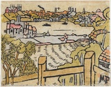 Artist: PRESTON, Margaret | Title: Mosman Bay | Date: 1920, 26 March | Technique: woodcut, printed in black ink, from one block; hand-coloured | Copyright: © Margaret Preston. Licensed by VISCOPY, Australia