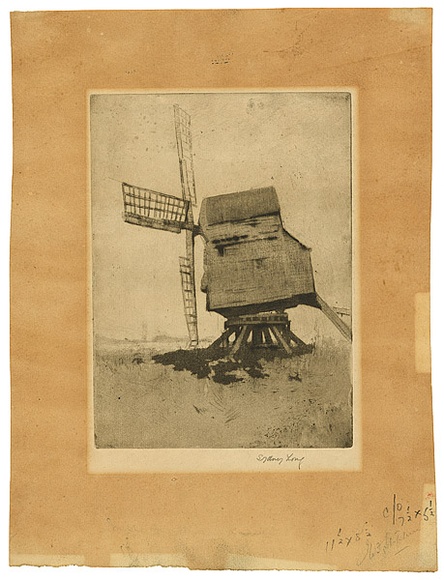Artist: b'Long, Sydney.' | Title: b'Mill, Bledlow Ridge, Bucks' | Date: c.1919 | Technique: b'etching and aquatint, printed in brown ink with plate-tone, from one plate' | Copyright: b'Reproduced with the kind permission of the Ophthalmic Research Institute of Australia' Artist: b'Long, Sydney.' | Title: b'Mill, Bledlow Ridge, Bucks' | Date: c.1919 | Technique: b'etching and aquatint, printed in brown ink with plate-tone, from one plate' | Copyright: b'Reproduced with the kind permission of the Ophthalmic Research Institute of Australia'