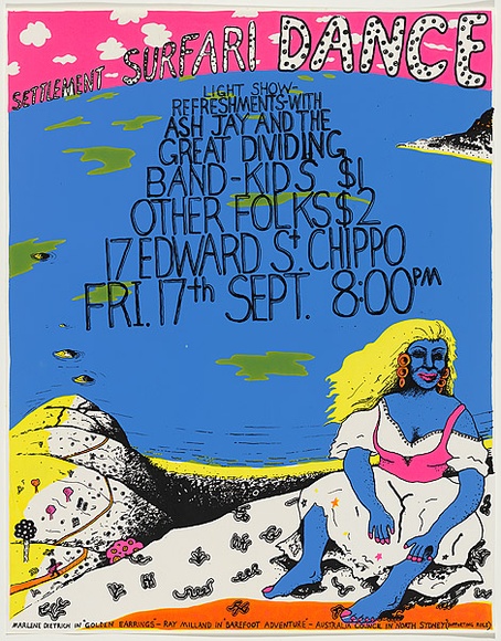 Artist: b'WORSTEAD, Paul' | Title: b'Settlement Surfari Dance.' | Date: 1976 | Technique: b'screenprint, printed in colour, from four stencils' | Copyright: b'This work appears on screen courtesy of the artist' Artist: b'WORSTEAD, Paul' | Title: b'Settlement Surfari Dance.' | Date: 1976 | Technique: b'screenprint, printed in colour, from four stencils' | Copyright: b'This work appears on screen courtesy of the artist'