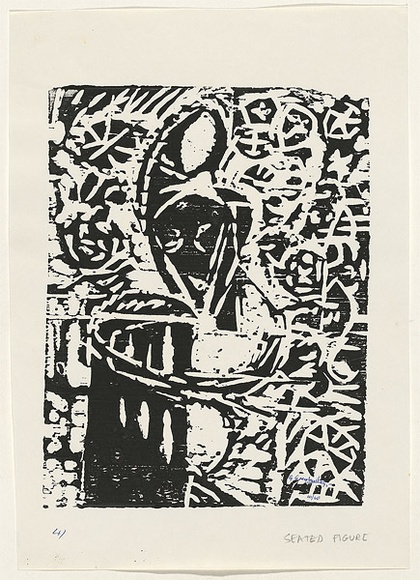 Artist: b'Grey-Smith, Guy' | Title: b'Seated figure' | Date: 1975 | Technique: b'woodcut, printed in black ink, from one block' Artist: b'Grey-Smith, Guy' | Title: b'Seated figure' | Date: 1975 | Technique: b'woodcut, printed in black ink, from one block'