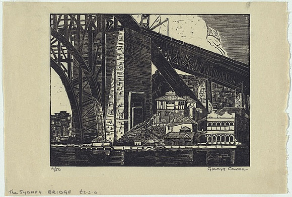 Artist: b'Owen, Gladys.' | Title: b'The Sydney Bridge.' | Date: 1932 | Technique: b'wood-engraving, printed in black ink, from one block' | Copyright: b'\xc2\xa9 Estate of David Moore' Artist: b'Owen, Gladys.' | Title: b'The Sydney Bridge.' | Date: 1932 | Technique: b'wood-engraving, printed in black ink, from one block' | Copyright: b'\xc2\xa9 Estate of David Moore'