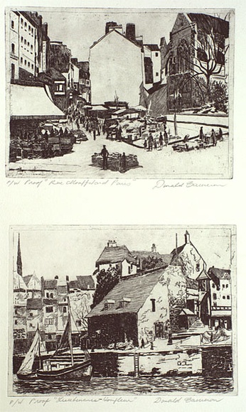 Artist: b'Cameron, Donald.' | Title: b'Rue Mouffetard Paris / Lieutenance - Honfleu' | Date: c.1990 | Technique: b'etching, printed in black ink, from two plates' Artist: b'Cameron, Donald.' | Title: b'Rue Mouffetard Paris / Lieutenance - Honfleu' | Date: c.1990 | Technique: b'etching, printed in black ink, from two plates'