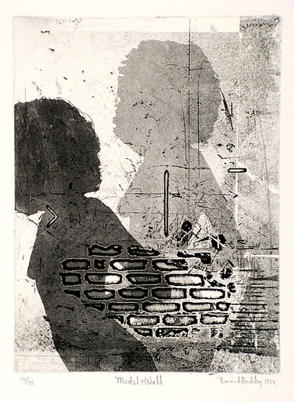 Artist: b'Hadley, Basil.' | Title: b'Model and wall' | Date: 1974 | Technique: b'etching, aquatint and deep etch, printed in black ink, from one plate' Artist: b'Hadley, Basil.' | Title: b'Model and wall' | Date: 1974 | Technique: b'etching, aquatint and deep etch, printed in black ink, from one plate'