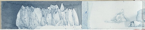 Artist: b'SCHMEISSER, Jorg' | Title: b'My first little book from the voyage to the ice on the Aurora Australis.' | Date: 1999 | Technique: b'engraving, printed in blue ink, from multiple polycarbonate sheets;  watercolour, gouache and pencil' | Copyright: b'\xc2\xa9 J\xc3\xb6rg Schmeisser'