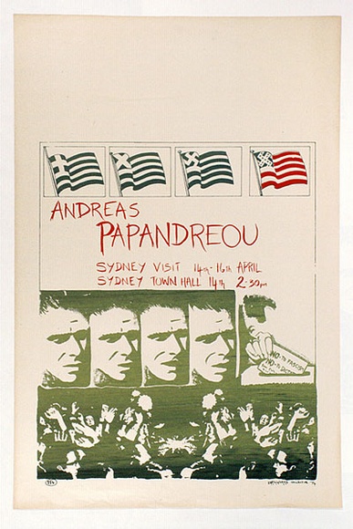 Artist: b'LITTLE, Colin' | Title: b'Andreas Papanderou: Sydney visit 14th-16th April [1974].' | Date: 1974 | Technique: b'screenprint, printed in green ink, from one stencil'