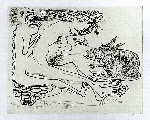 Artist: b'BOYD, Arthur' | Title: b'Nude with rabbit and syringe.' | Date: (1968-69) | Technique: b'etching and aquatint, printed in black ink, from one plate' | Copyright: b'Reproduced with permission of Bundanon Trust' Artist: b'BOYD, Arthur' | Title: b'Nude with rabbit and syringe.' | Date: (1968-69) | Technique: b'etching and aquatint, printed in black ink, from one plate' | Copyright: b'Reproduced with permission of Bundanon Trust'