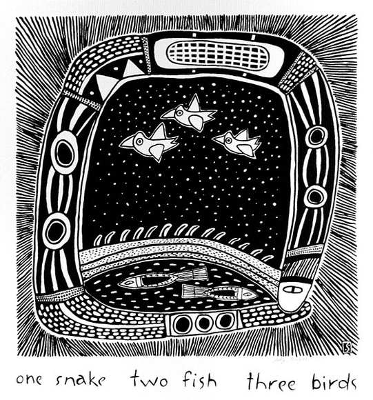 Artist: b'Morgan, Sally.' | Title: b'One snake two fish three birds' | Date: 1986 | Technique: b'screenprint, printed in black ink, from one screen' Artist: b'Morgan, Sally.' | Title: b'One snake two fish three birds' | Date: 1986 | Technique: b'screenprint, printed in black ink, from one screen'