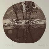 Artist: Ely, Bonita. | Title: not titled [circular landscape] | Date: 1977 | Technique: etching and aquatint, printed in sepia ink, from one plate