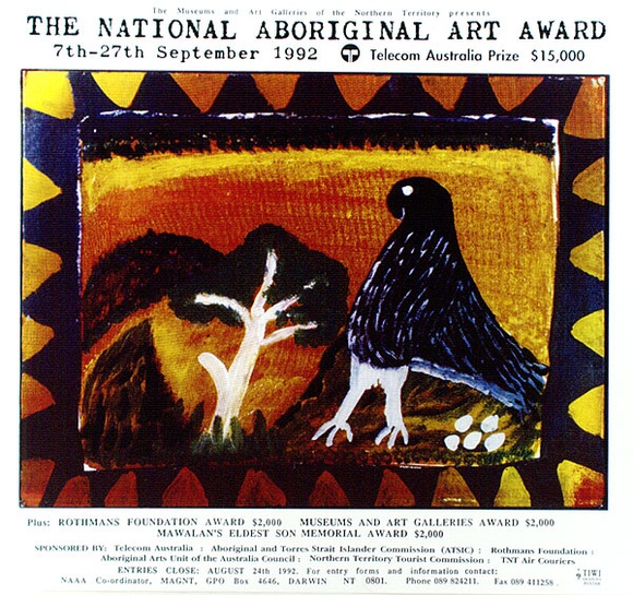 Artist: b'Munduwalawala, Ginger Riley.' | Title: b'The National Aboriginal Art Award' | Date: 1992 | Technique: b'photo-screenprint, printed in colour, from multiple stencils' Artist: b'Munduwalawala, Ginger Riley.' | Title: b'The National Aboriginal Art Award' | Date: 1992 | Technique: b'photo-screenprint, printed in colour, from multiple stencils'