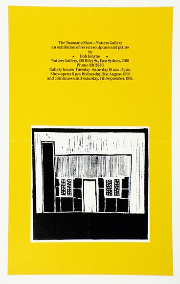 Artist: b'Jenyns, Bob.' | Title: b'Exhibition poster: Bob Jenyns' | Date: 1991 | Technique: b'offset-lithograph, printed in colour, from multiple plates' Artist: b'Jenyns, Bob.' | Title: b'Exhibition poster: Bob Jenyns' | Date: 1991 | Technique: b'offset-lithograph, printed in colour, from multiple plates'