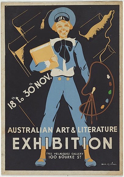 Artist: b'Milne, Beatrice.' | Title: b'Australian art & literature exhibition' | Date: 1940 | Technique: b'screenprint, printed in colour, from multiple stencils' Artist: b'Milne, Beatrice.' | Title: b'Australian art & literature exhibition' | Date: 1940 | Technique: b'screenprint, printed in colour, from multiple stencils'