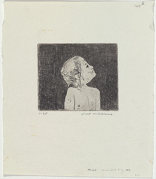 Artist: b'WILLIAMS, Fred' | Title: b'Isobel in profile looking up' | Date: 1965 | Technique: b'etching, aquatint' | Copyright: b'\xc2\xa9 Fred Williams Estate' Artist: b'WILLIAMS, Fred' | Title: b'Isobel in profile looking up' | Date: 1965 | Technique: b'etching, aquatint' | Copyright: b'\xc2\xa9 Fred Williams Estate'
