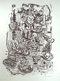 Artist: Walsh, Peter. | Title: not titled [multiple heads in stylised city-scape] | Date: 1987 | Technique: lithograph, printed in black ink, from one stone