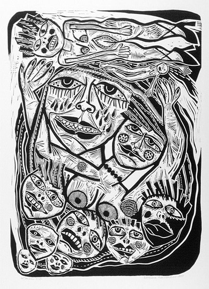 Artist: b'HANRAHAN, Barbara' | Title: b'Women' | Date: 1987 | Technique: b'linocut, printed in black ink, from one block' Artist: b'HANRAHAN, Barbara' | Title: b'Women' | Date: 1987 | Technique: b'linocut, printed in black ink, from one block'