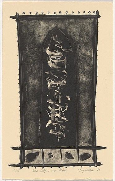 Artist: b'Watson, Judy.' | Title: b'bone coffin and relics' | Date: 1989 | Technique: b'lithograph, printed in black ink, from one stone' | Copyright: b'\xc2\xa9 Judy Watson. Licensed by VISCOPY, Australia' Artist: b'Watson, Judy.' | Title: b'bone coffin and relics' | Date: 1989 | Technique: b'lithograph, printed in black ink, from one stone' | Copyright: b'\xc2\xa9 Judy Watson. Licensed by VISCOPY, Australia'