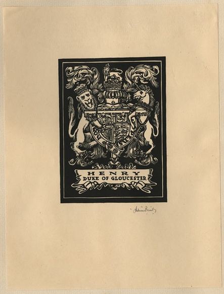 Artist: b'FEINT, Adrian' | Title: b'Bookplate: Henry, Duke of Gloucester.' | Date: (1934) | Technique: b'wood-engraving, printed in black ink, from one block' | Copyright: b'Courtesy the Estate of Adrian Feint' Artist: b'FEINT, Adrian' | Title: b'Bookplate: Henry, Duke of Gloucester.' | Date: (1934) | Technique: b'wood-engraving, printed in black ink, from one block' | Copyright: b'Courtesy the Estate of Adrian Feint'