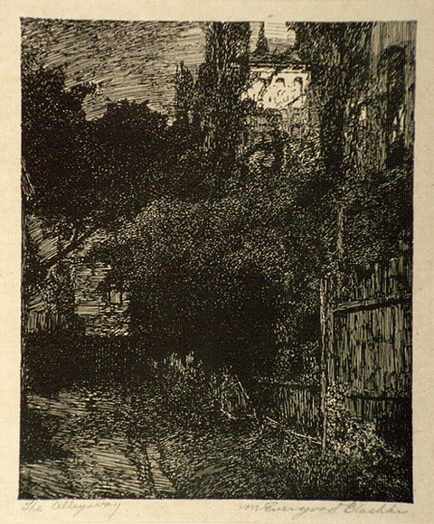 Artist: b'Evergood, Miles.' | Title: b'The alleyway.' | Date: 1891 | Technique: b'woodcut, printed in black ink, from one block' Artist: b'Evergood, Miles.' | Title: b'The alleyway.' | Date: 1891 | Technique: b'woodcut, printed in black ink, from one block'