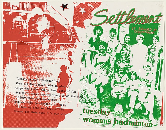Artist: b'WORSTEAD, Paul' | Title: b'Settlement, Tuesday womans badminton' | Date: 1976 | Technique: b'screenprint, printed in colour, from multiple stencils' | Copyright: b'This work appears on screen courtesy of the artist' Artist: b'WORSTEAD, Paul' | Title: b'Settlement, Tuesday womans badminton' | Date: 1976 | Technique: b'screenprint, printed in colour, from multiple stencils' | Copyright: b'This work appears on screen courtesy of the artist'